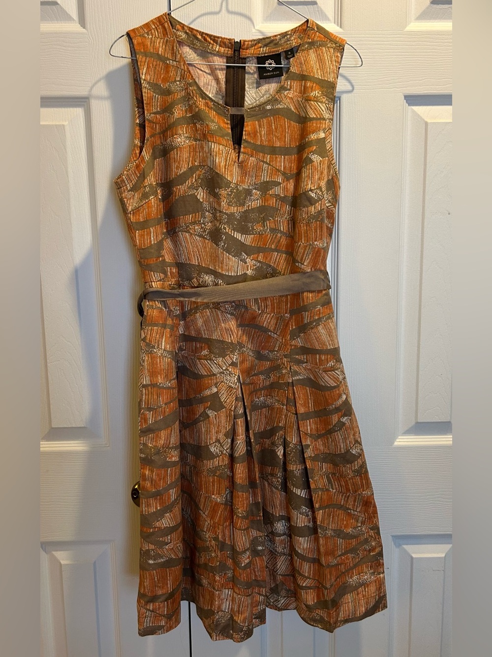 Amber Sun Orange & Taype Fit-and-Flare Pattern Dress, Linen/Cotton blend, size 8